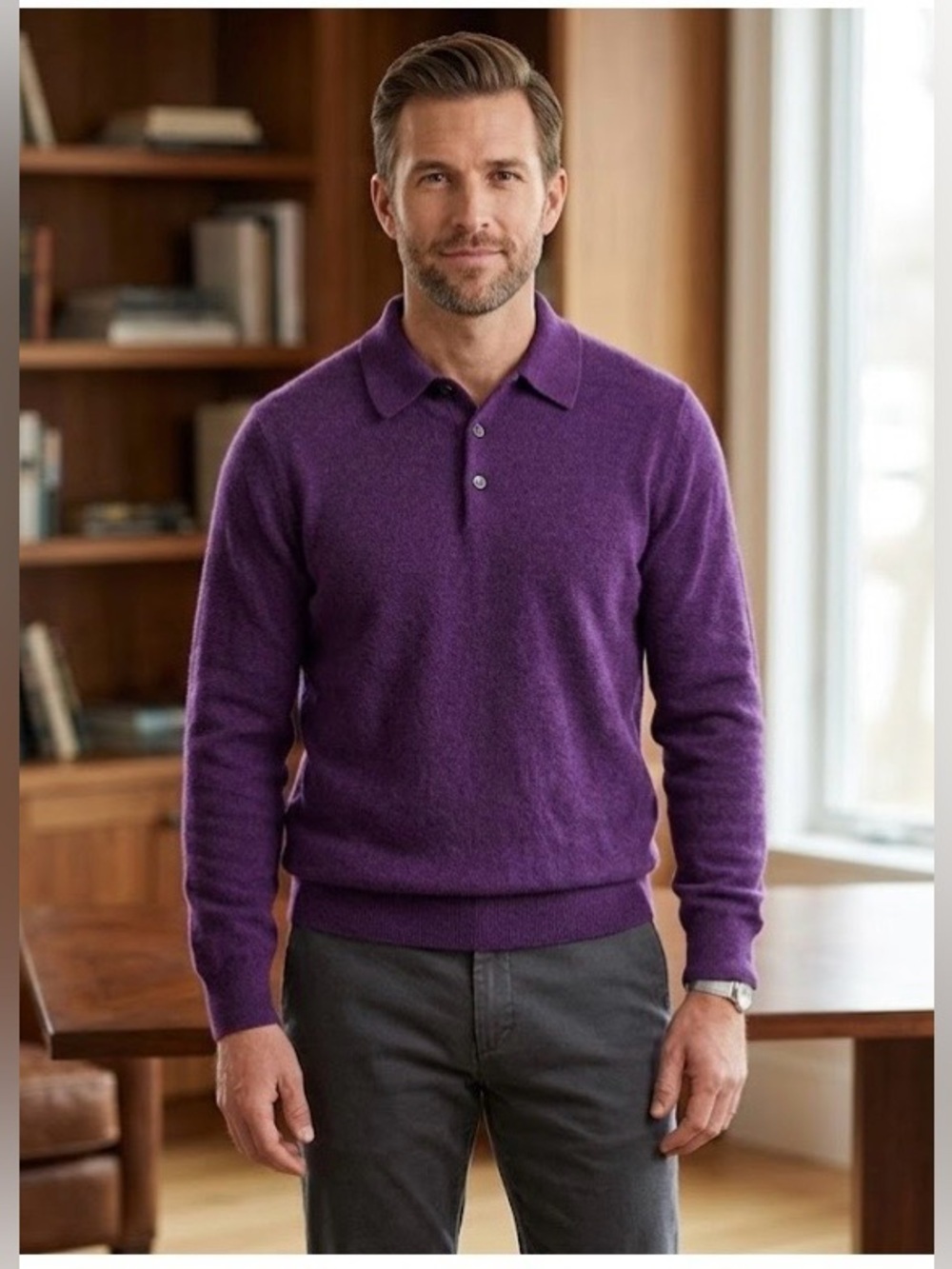 Turnbury Men's Purple Polo Sweater extra fine merino wool size L